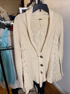 Free People Cream Shawl-Collar Button Cardigan